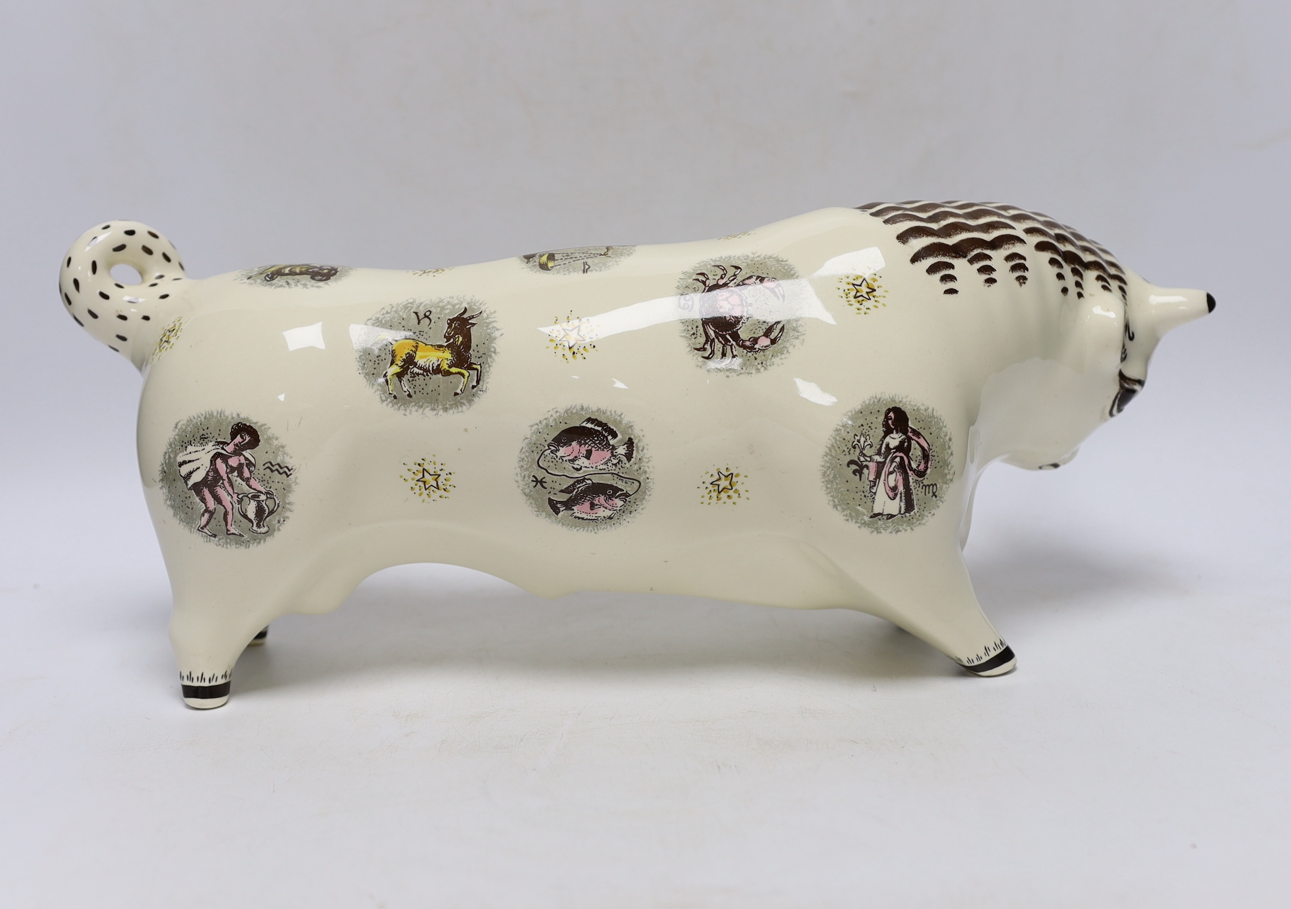 A Wedgwood Zodiac bull, designed by Arnold Machin, with printed and moulded marks, 41cm wide